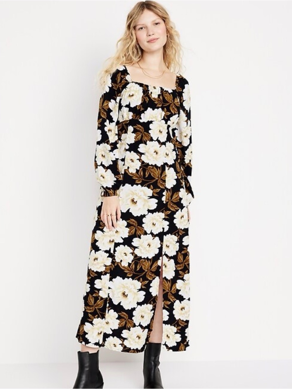 Old Navy Maxi Dress Women's XL Black Brown Floral Long Sleeve Balloon Slit Fall